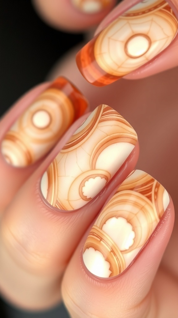 Close-up of nails with onion skin art design in earthy tones.